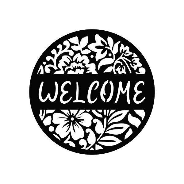 Circular wall sign made of black-painted steel with intricate laser-cut floral patterns. The word 'Welcome' is prominently displayed in the center, surrounded by delicate flower and leaf cutouts. The sign has a smooth, polished finish and is designed to hang on a wall.